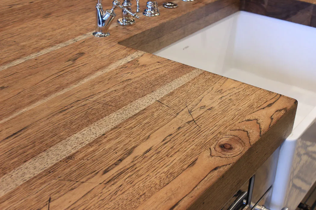 Detail of a distressed hickory kitchen island top