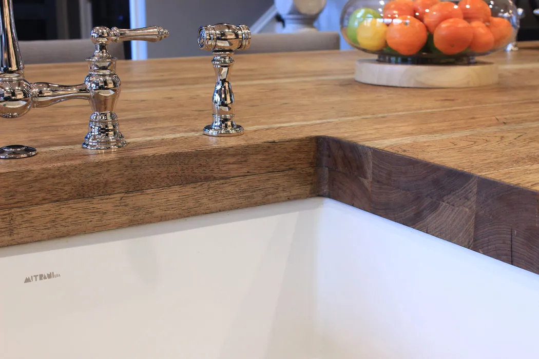 Distressed hickory island top with undermount sink