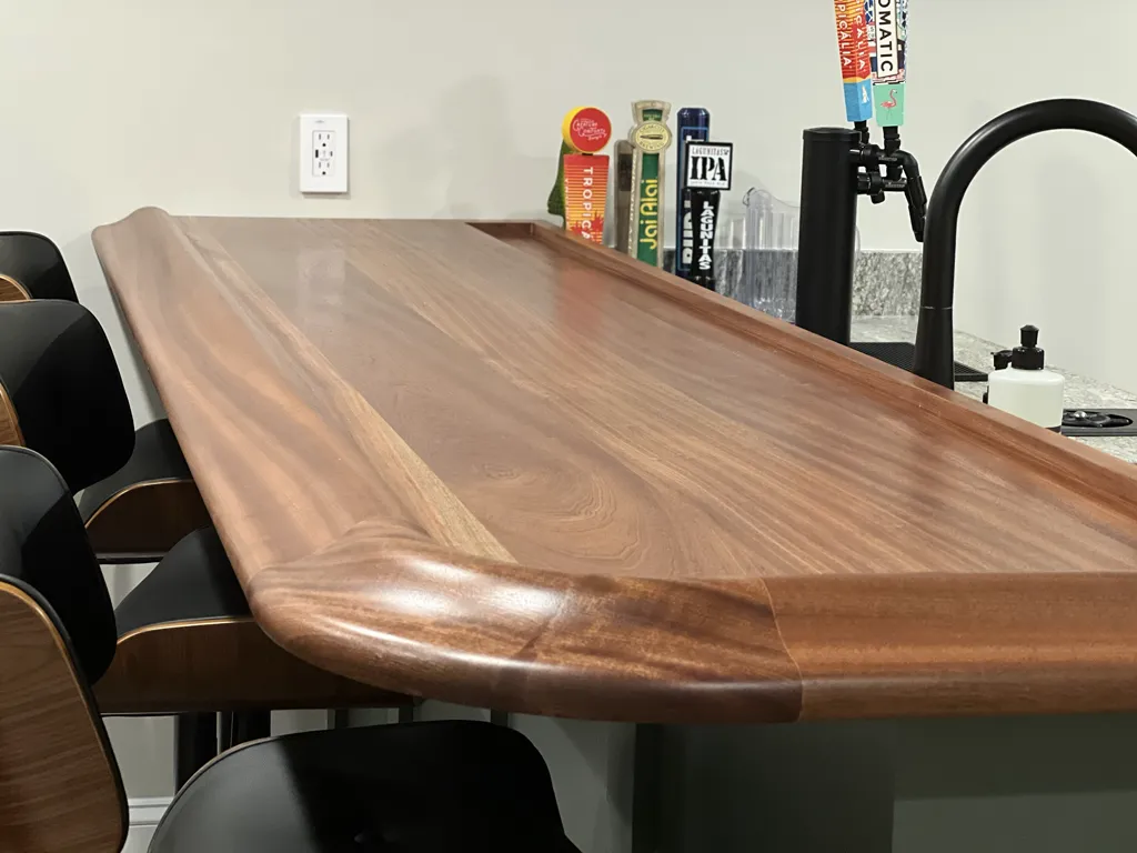 Sapele Home Bar Top With Chicago Bar Rail