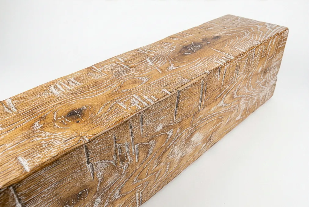 Close view of a custom wood box beam with vertical saw-mark texture
