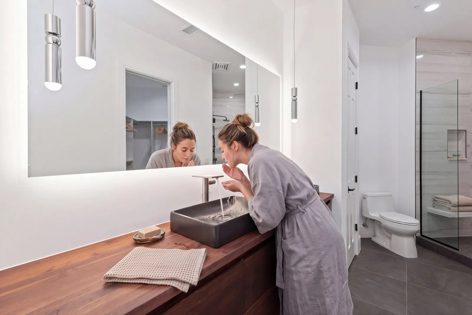 Custom white oak countertop on a bathroom vanity, a woman in a robe washing her face at the sink