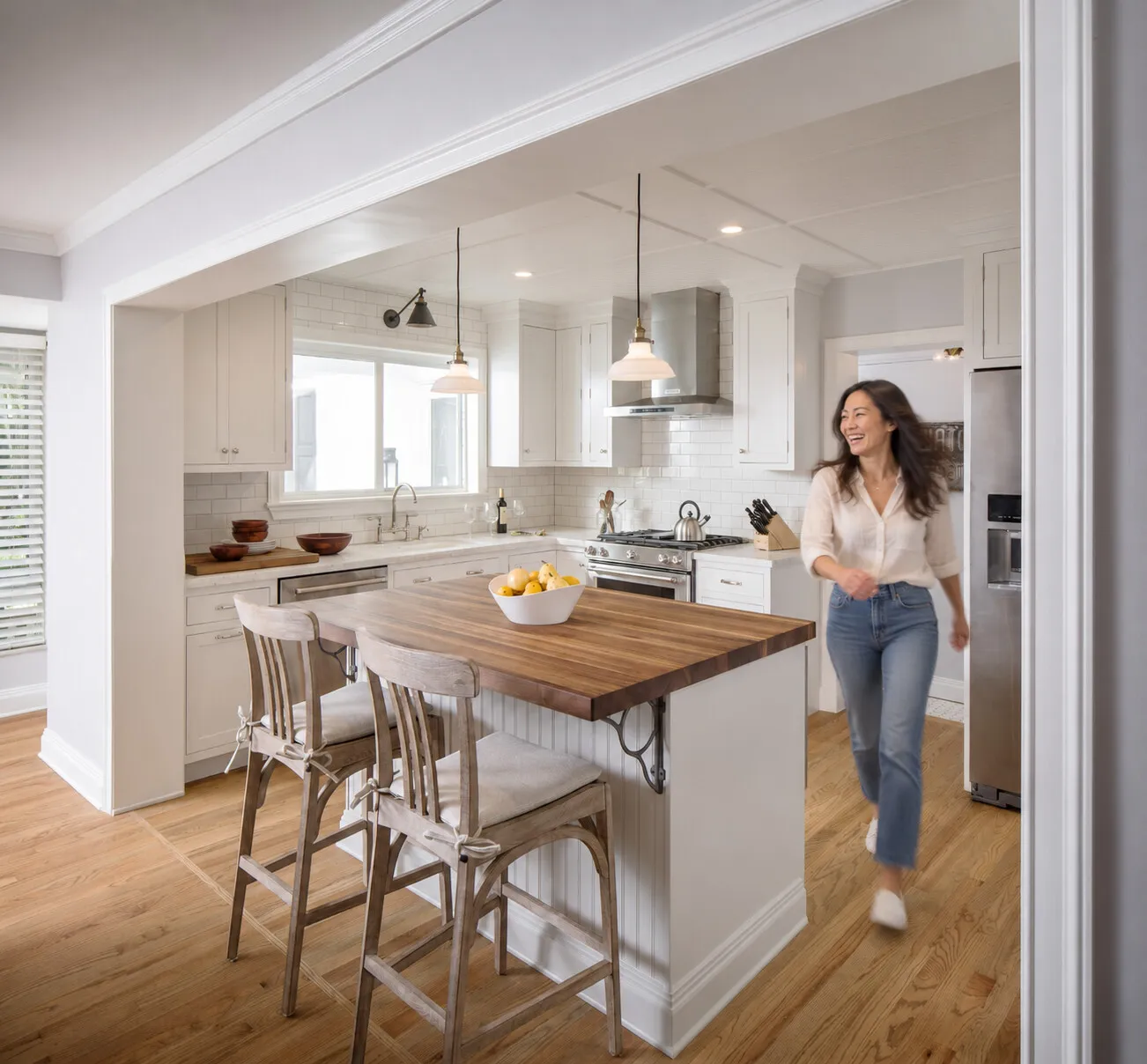Wood island top with farmhouse chairs in a white kitchen, a woman walking past